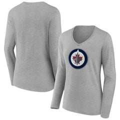 Winnipeg Jets Women's Primary Logo Long Sleeve V-Neck T-Shirt - Gray - NHL 203555683