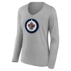 Winnipeg Jets Women's Primary Logo Long Sleeve V-Neck T-Shirt - Gray - NHL 203555683
