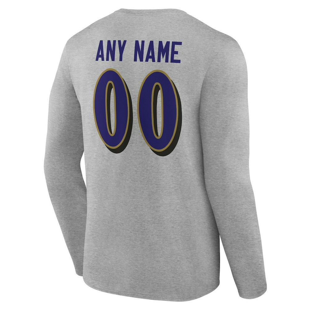 Baltimore Ravens Team Authentic Personalized Name & Number Long Sleeve T-Shirt Gray