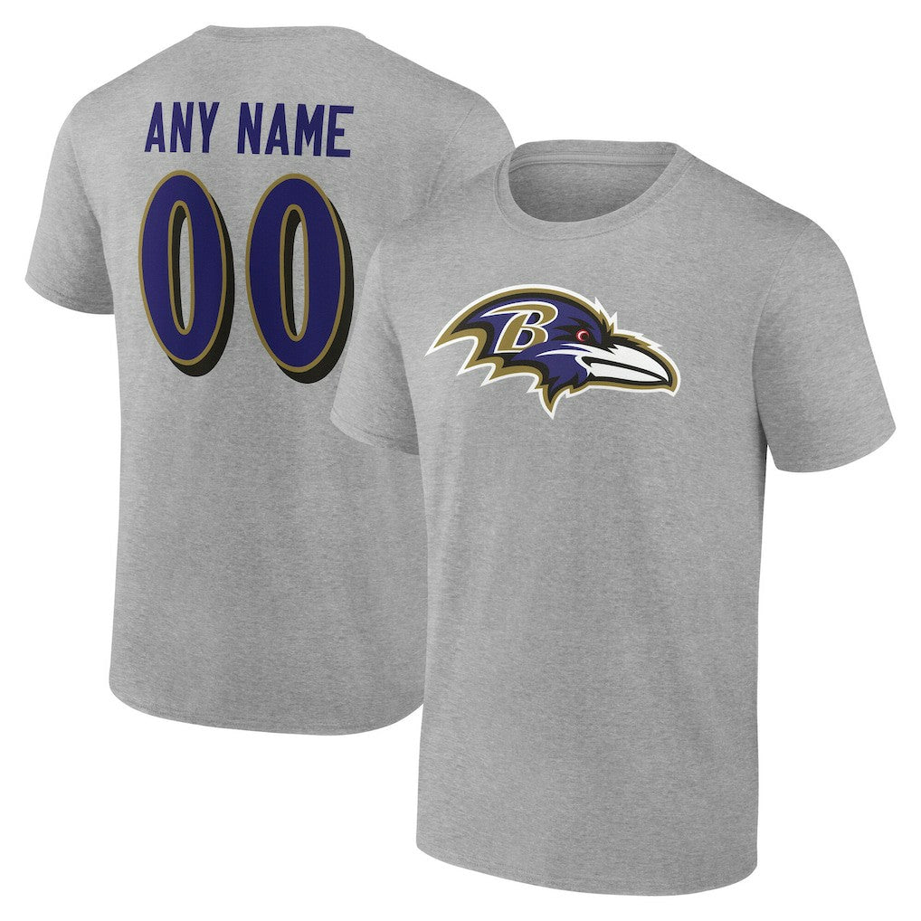 Baltimore Ravens Team Authentic Personalized Name & Number T-Shirt Gray