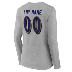 Baltimore Ravens Women's Team Authentic Personalized Name & Number Long Sleeve V-Neck T-Shirt Gray