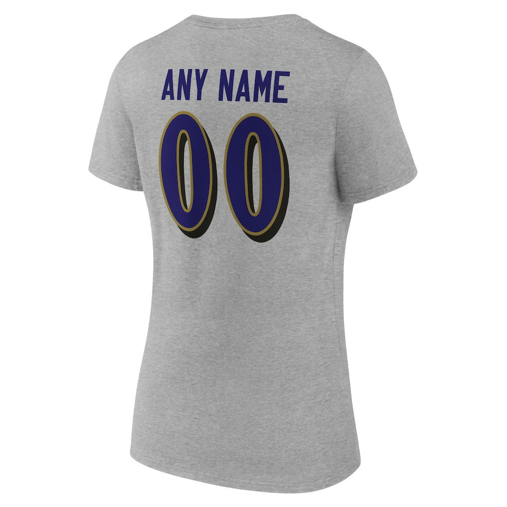 Baltimore Ravens Women's Team Authentic Personalized Name & Number V-Neck T-Shirt Gray