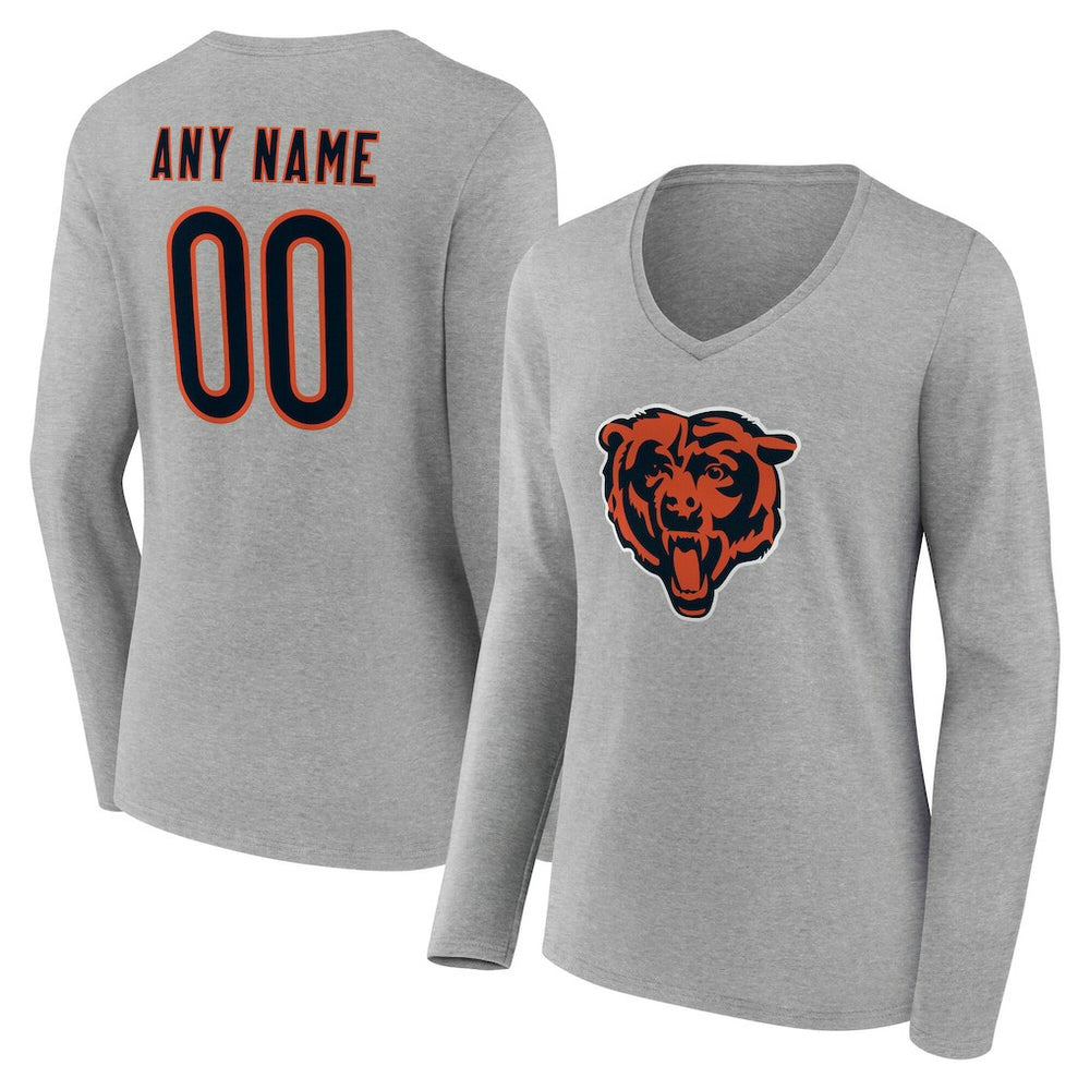 Chicago Bears Women's Team Authentic Personalized Name & Number Long Sleeve V-Neck T-Shirt Gray