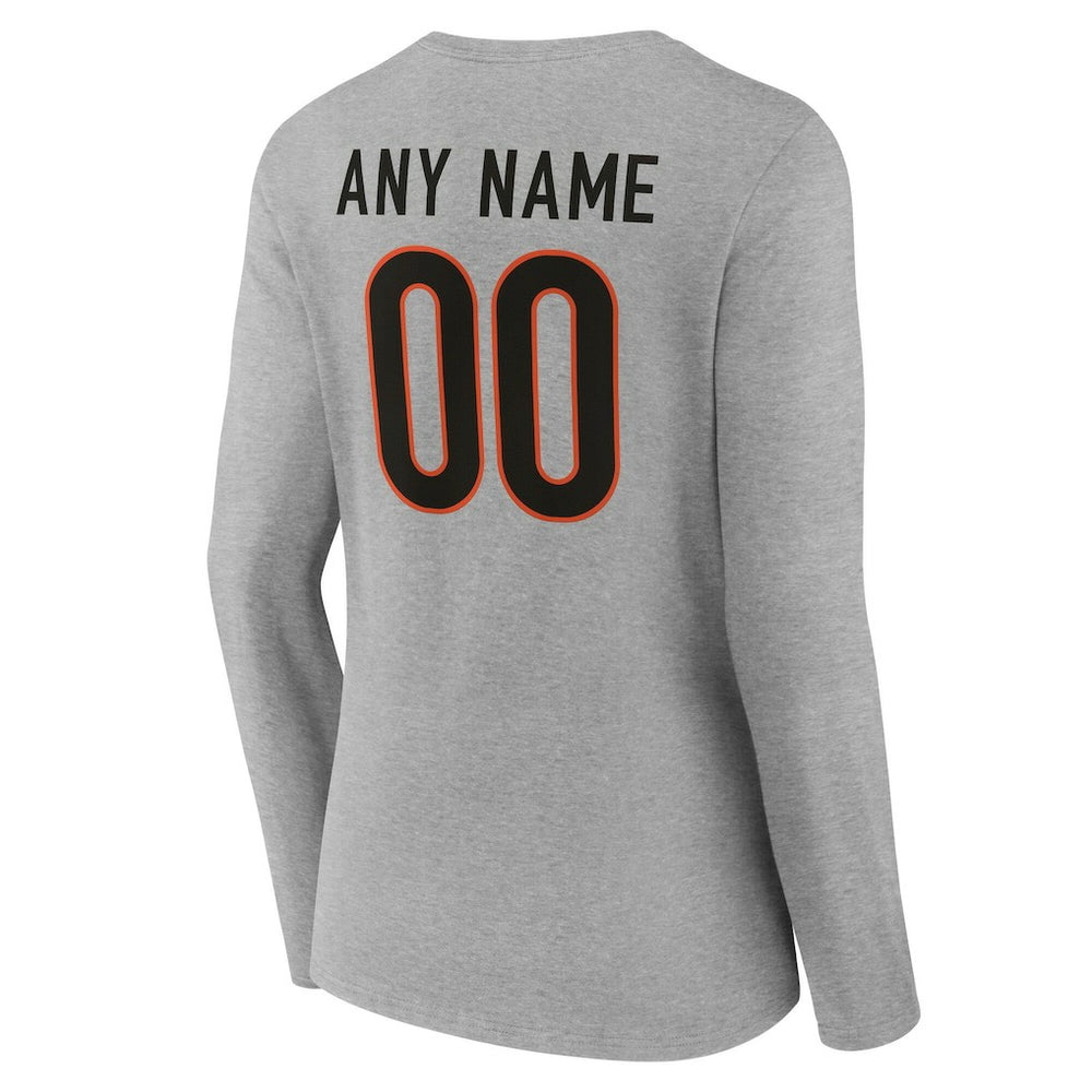 Cincinnati Bengals Women's Team Authentic Personalized Name & Number Long Sleeve V-Neck T-Shirt Gray