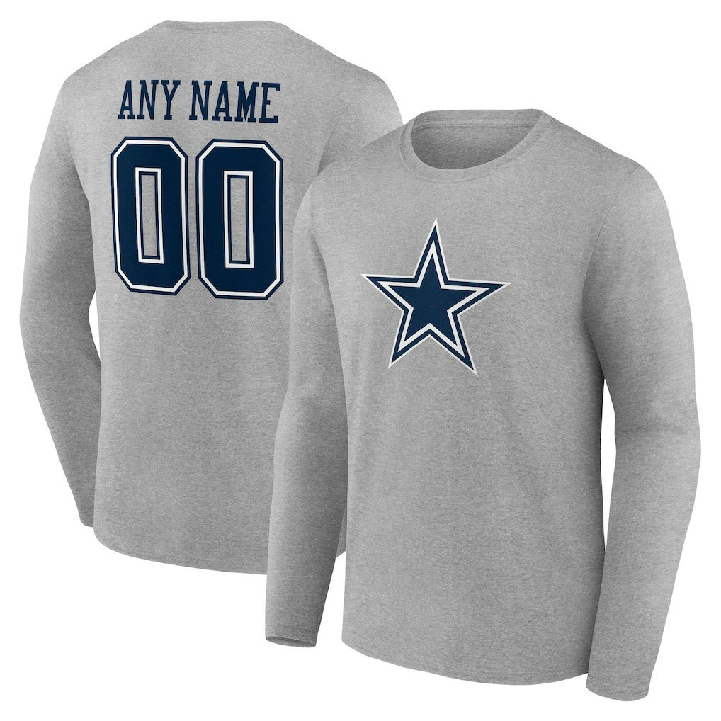 Dallas Cowboys Team Authentic Personalized Name & Number Long Sleeve T-Shirt Gray