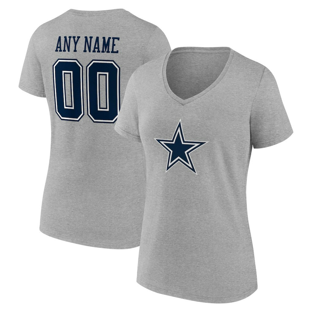 Dallas Cowboys Women's Team Authentic Personalized Name & Number V-Neck T-Shirt Gray