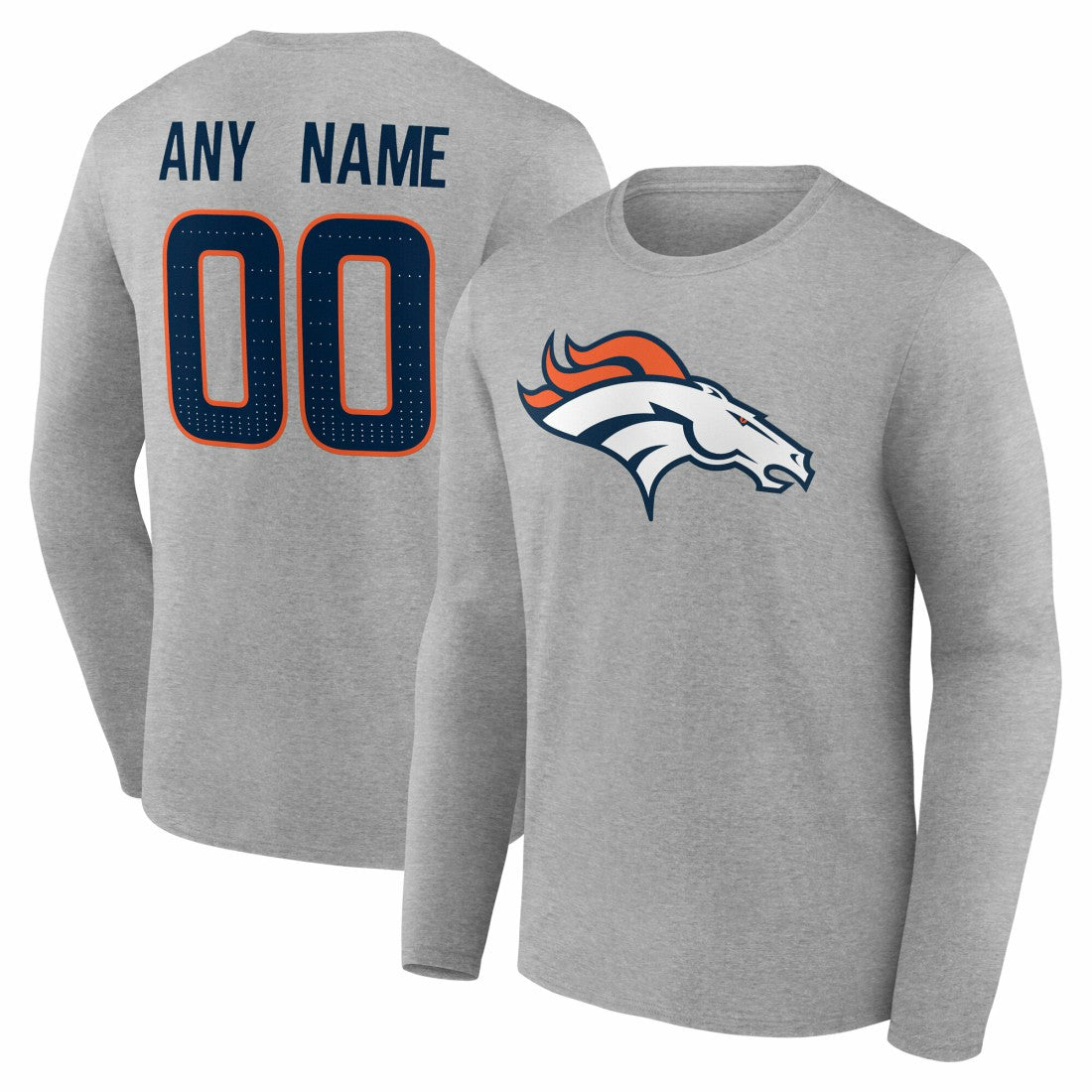 Denver Broncos Team Authentic Personalized Name & Number Long Sleeve T-Shirt Gray