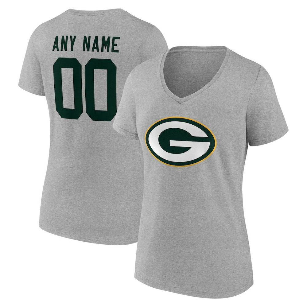 Green Bay Packers Women's Team Authentic Personalized Name & Number V-Neck T-Shirt Gray