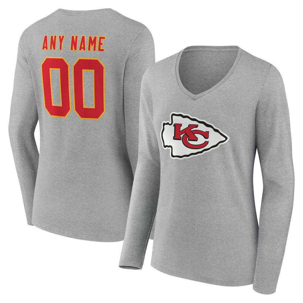 Kansas City Chiefs Women's Team Authentic Personalized Name & Number Long Sleeve V-Neck T-Shirt Gray