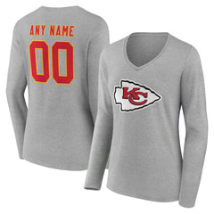 Kansas City Chiefs Women's Team Authentic Personalized Name & Number Long Sleeve V-Neck T-Shirt Gray