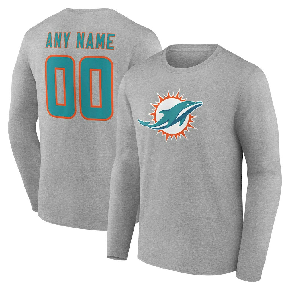 Miami Dolphins Team Authentic Personalized Name & Number Long Sleeve T-Shirt Gray
