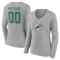 Miami Dolphins Women's Team Authentic Personalized Name & Number Long Sleeve V-Neck T-Shirt Gray