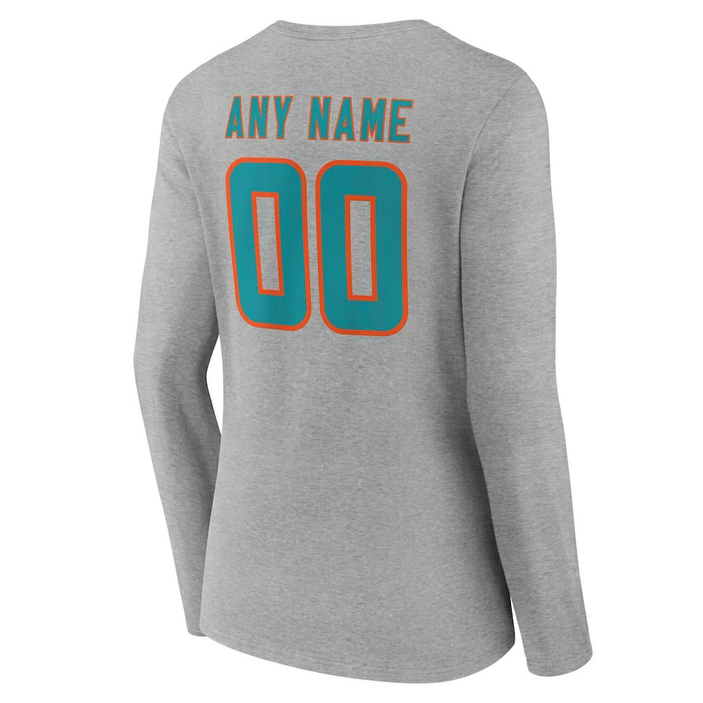 Miami Dolphins Women's Team Authentic Personalized Name & Number Long Sleeve V-Neck T-Shirt Gray