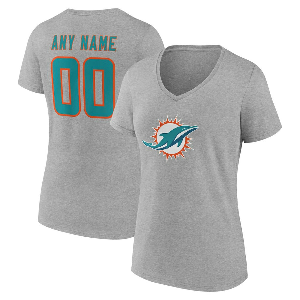 Miami Dolphins Women's Team Authentic Personalized Name & Number V-Neck T-Shirt Gray