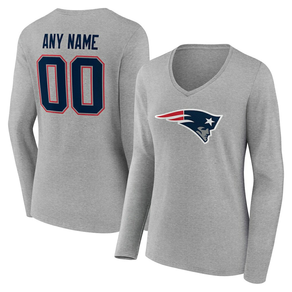 New England Patriots Women's Team Authentic Personalized Name & Number Long Sleeve V-Neck T-Shirt Gray