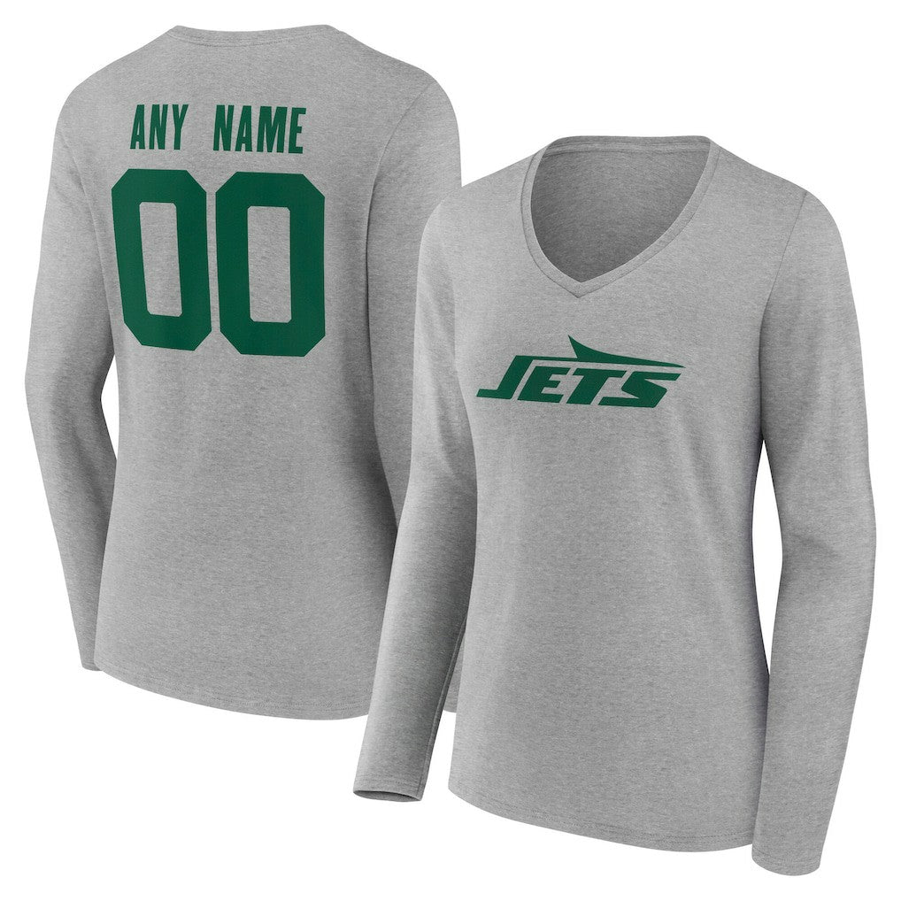 New York Jets Women's Team Authentic Personalized Name & Number Long Sleeve V-Neck T-Shirt Gray