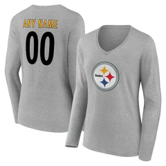 Pittsburgh Steelers Women's Team Authentic Personalized Name & Number Long Sleeve V-Neck T-Shirt Gray