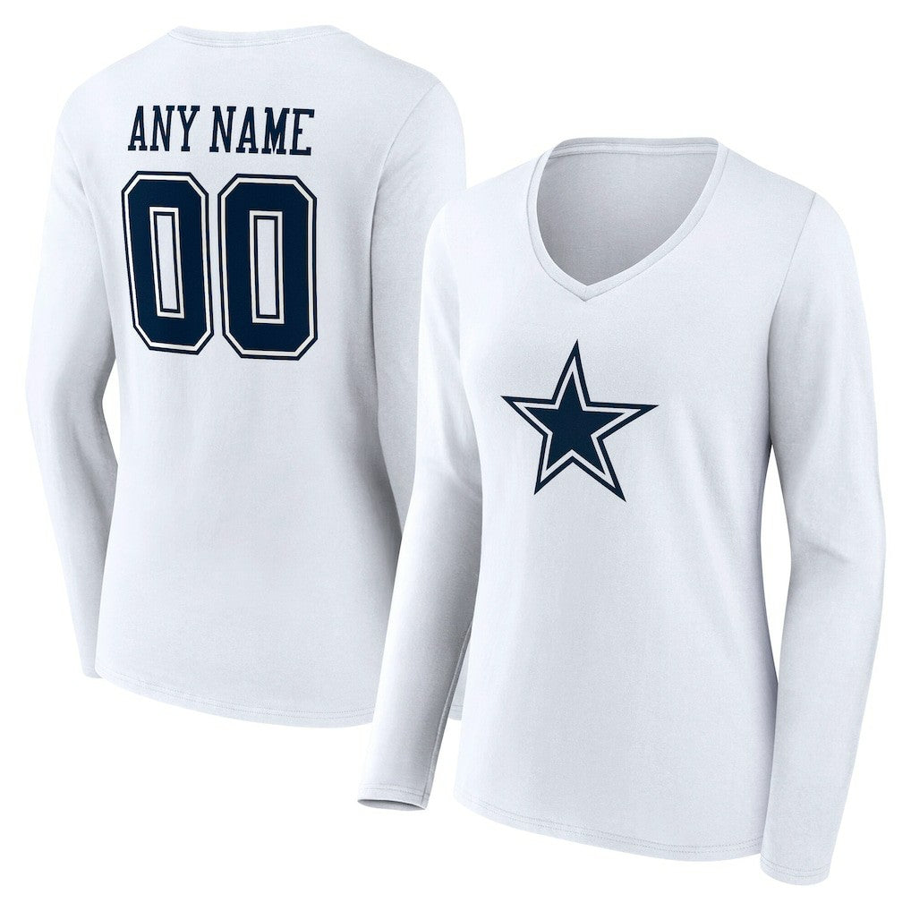 Dallas Cowboys Women's Team Authentic Personalized Name & Number Long Sleeve V-Neck T-Shirt White
