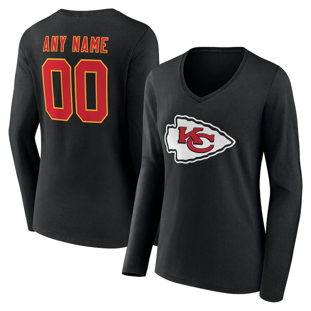 Kansas City Chiefs Women's Team Authentic Personalized Name & Number Long Sleeve V-Neck T-Shirt Black