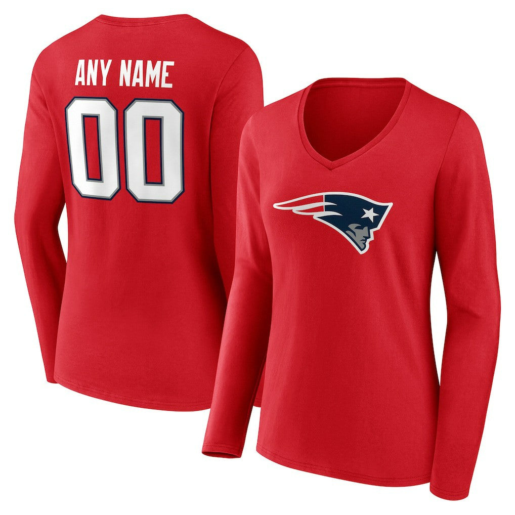 New England Patriots Women's Team Authentic Personalized Name & Number Long Sleeve V-Neck T-Shirt Red