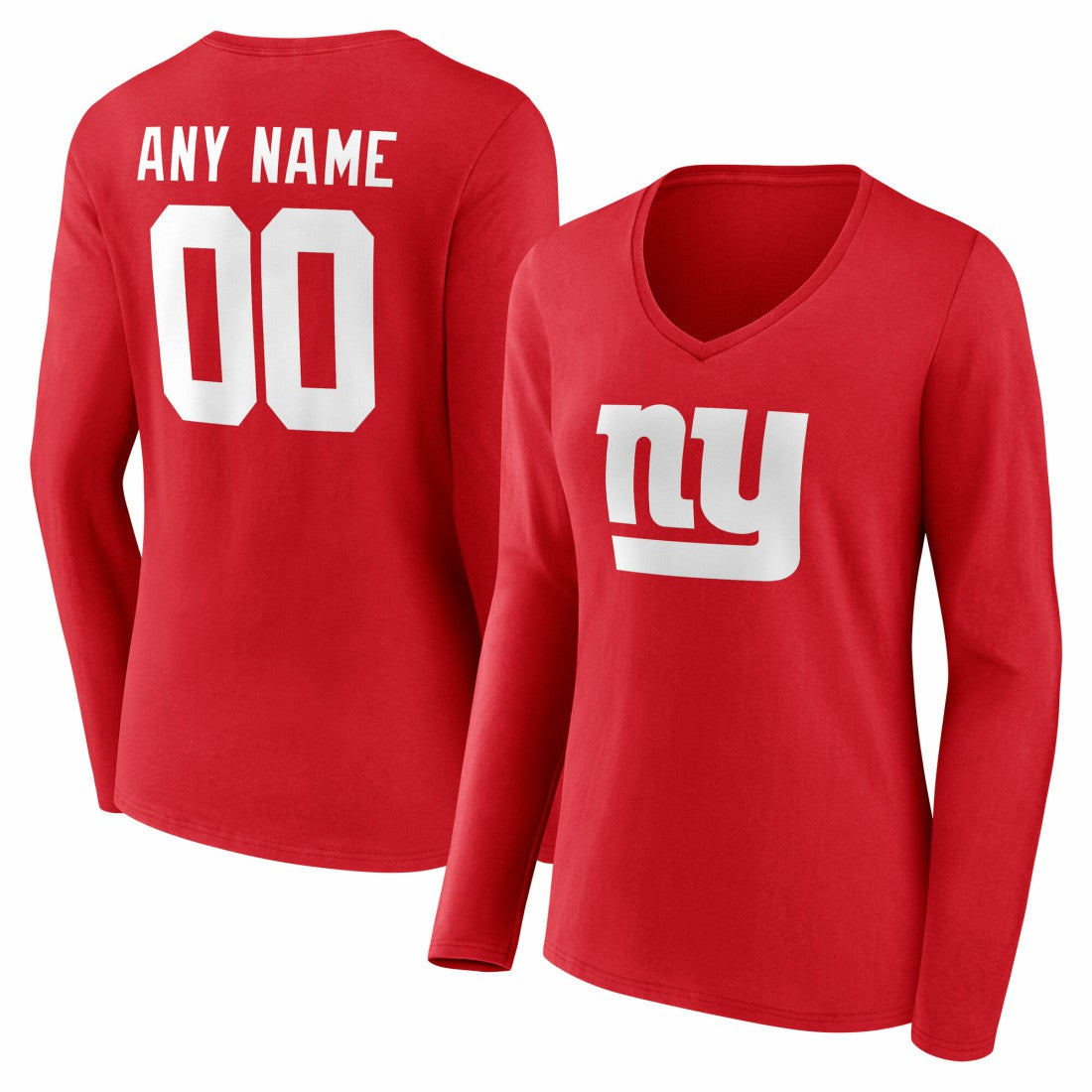 New York Giants Women's Team Authentic Personalized Name & Number Long Sleeve V-Neck T-Shirt Red