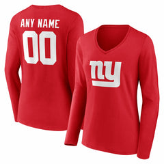 New York Giants Women's Team Authentic Personalized Name & Number Long Sleeve V-Neck T-Shirt Red