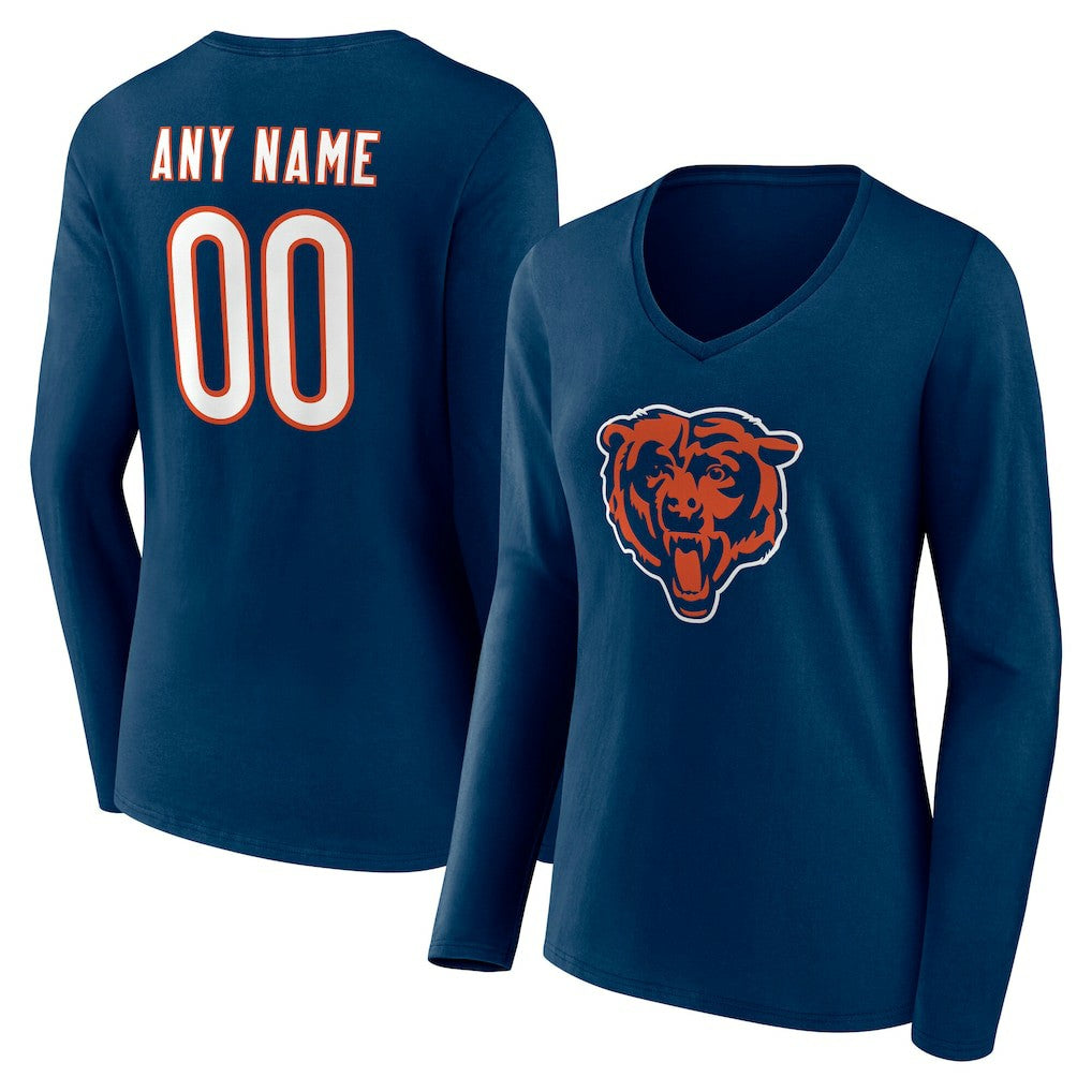 Chicago Bears Women's Team Authentic Personalized Name & Number Long Sleeve V-Neck T-Shirt Navy