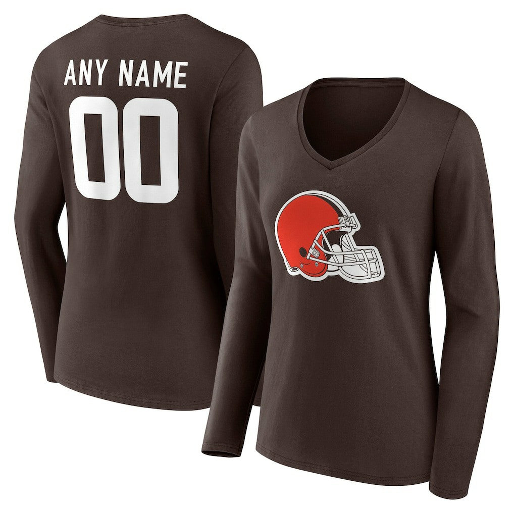 Cleveland Browns Women's Team Authentic Personalized Name & Number Long Sleeve V-Neck T-Shirt Brown