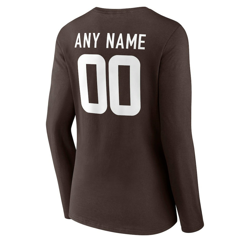 Cleveland Browns Women's Team Authentic Personalized Name & Number Long Sleeve V-Neck T-Shirt Brown