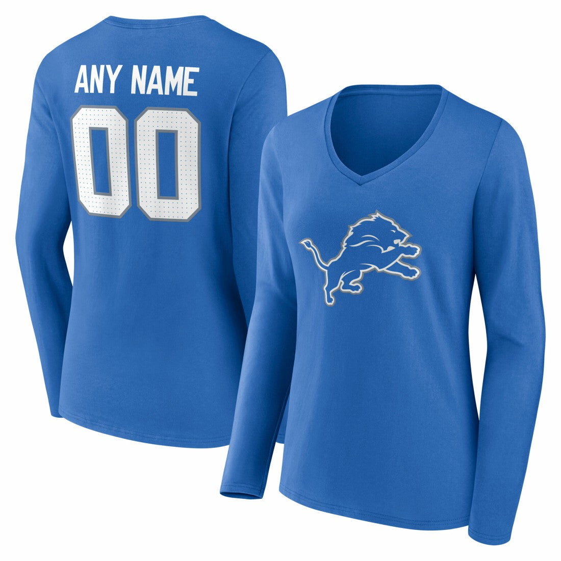 Detroit Lions Women's Team Authentic Personalized Name & Number Long Sleeve V-Neck T-Shirt Blue