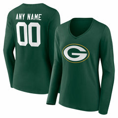 Green Bay Packers Women's Team Authentic Personalized Name & Number Long Sleeve V-Neck T-Shirt Green