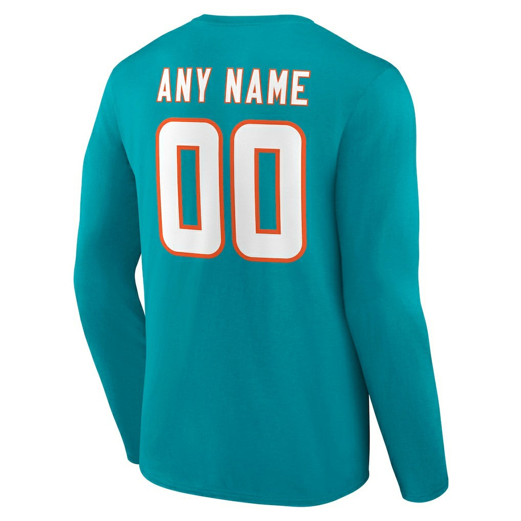 Miami Dolphins Team Authentic Personalized Name & Number Long Sleeve T-Shirt Aqua