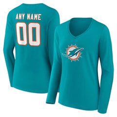 Miami Dolphins Women's Team Authentic Personalized Name & Number Long Sleeve V-Neck T-Shirt Aqua