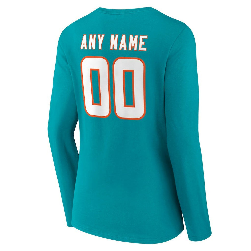 Miami Dolphins Women's Team Authentic Personalized Name & Number Long Sleeve V-Neck T-Shirt Aqua