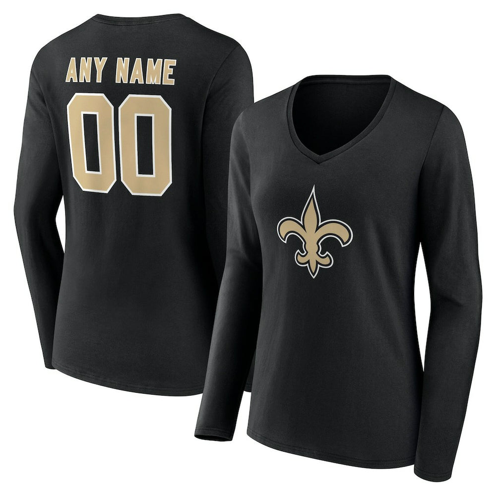New Orleans Saints Women's Team Authentic Personalized Name & Number Long Sleeve V-Neck T-Shirt Black