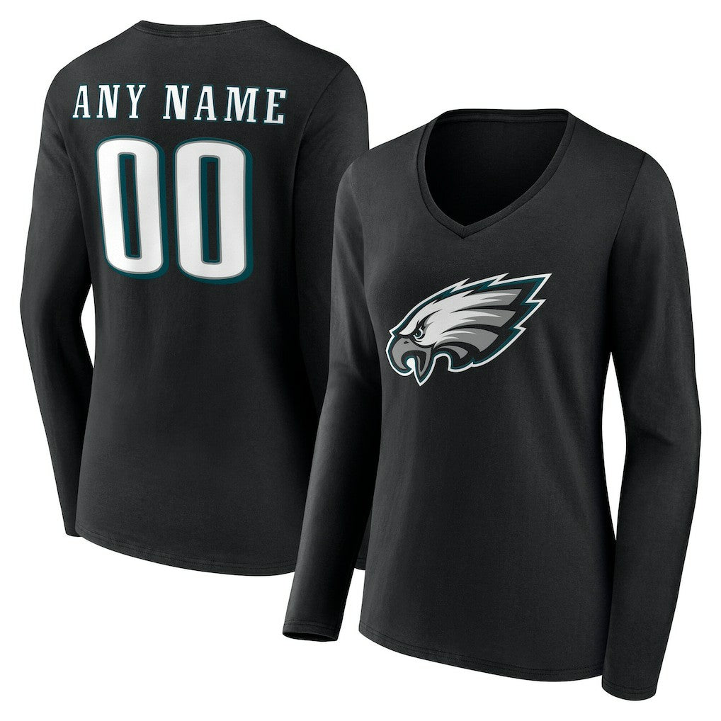 Philadelphia Eagles Women's Team Authentic Personalized Name & Number Long Sleeve V-Neck T-Shirt Black