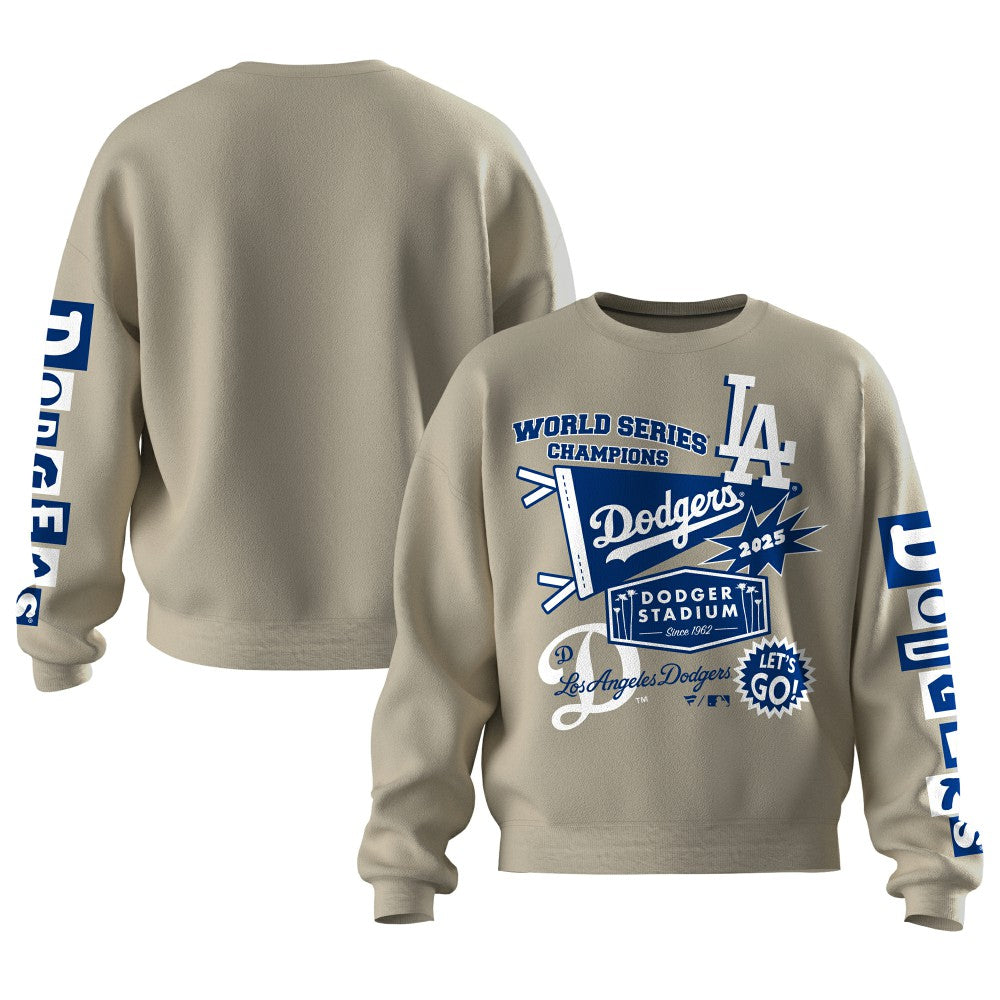 Los Angeles Dodgers Fanatics Women's 2025 World Series Champions Pennant Spirit Jersey Fleece Sweatshirt - Beige - Fanatics Lifestyle