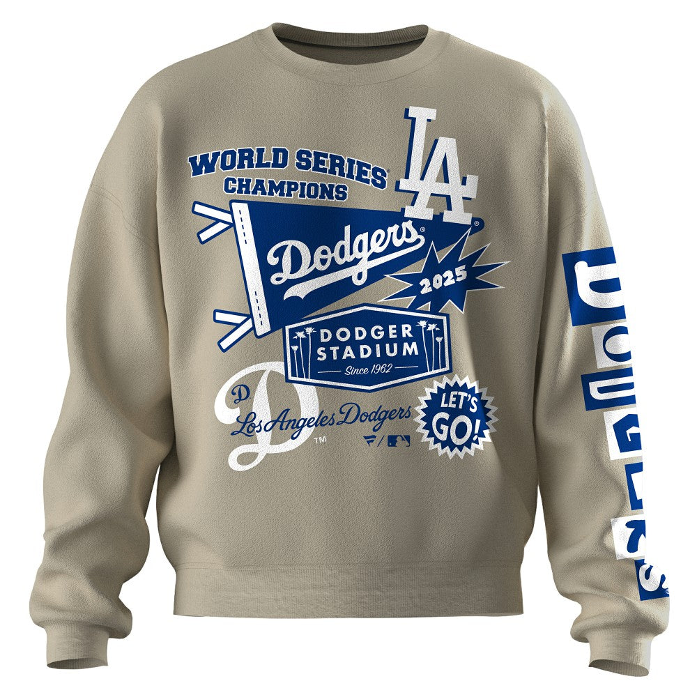 Los Angeles Dodgers Fanatics Women's 2025 World Series Champions Pennant Spirit Jersey Fleece Sweatshirt - Beige - Fanatics Lifestyle