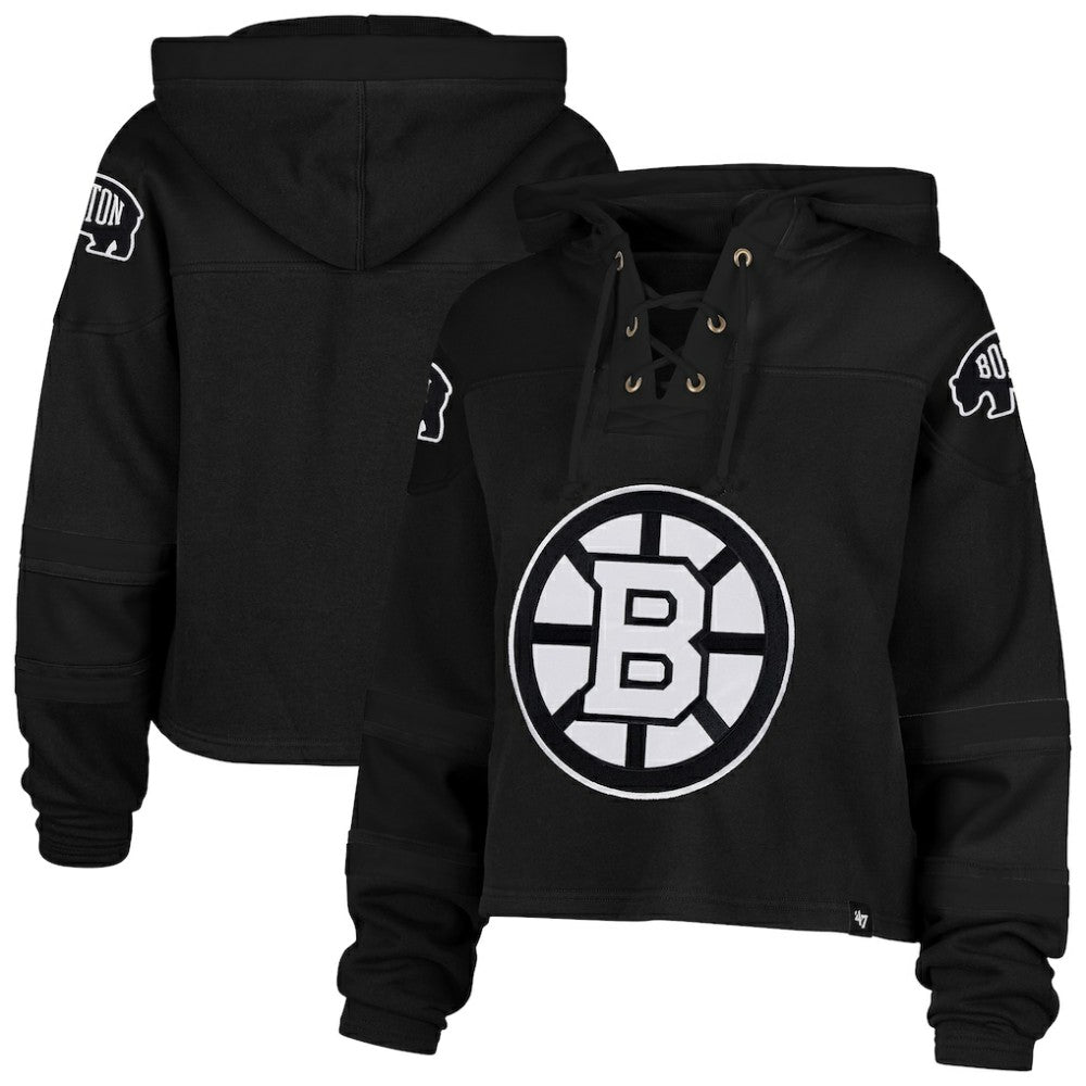 Boston Bruins '47 Women's Cropped Lacer Hoodie - Black - NHL 203624671
