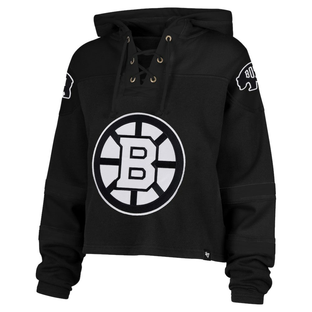Boston Bruins '47 Women's Cropped Lacer Hoodie - Black - NHL 203624671