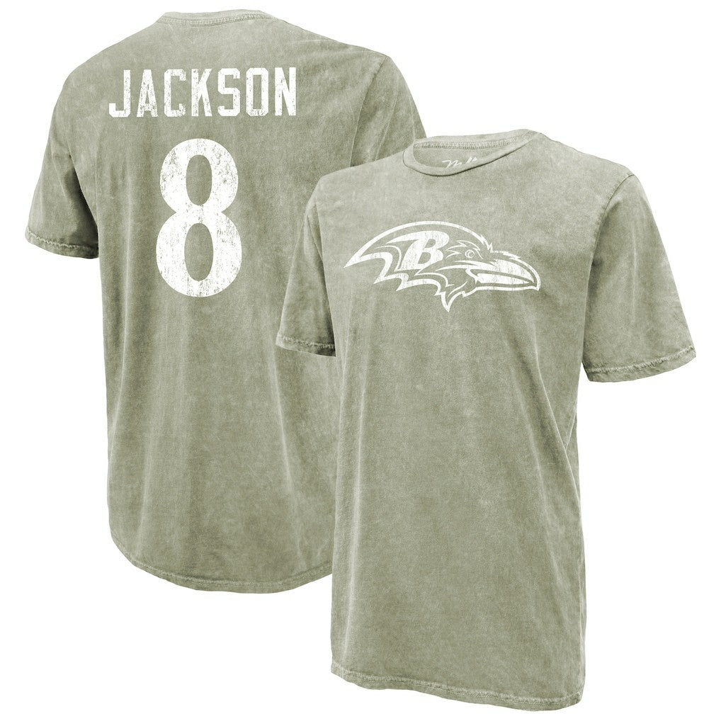 Lamar Jackson Baltimore Ravens Majestic Threads Mineral Wash Name & Number T-Shirt Moss Green