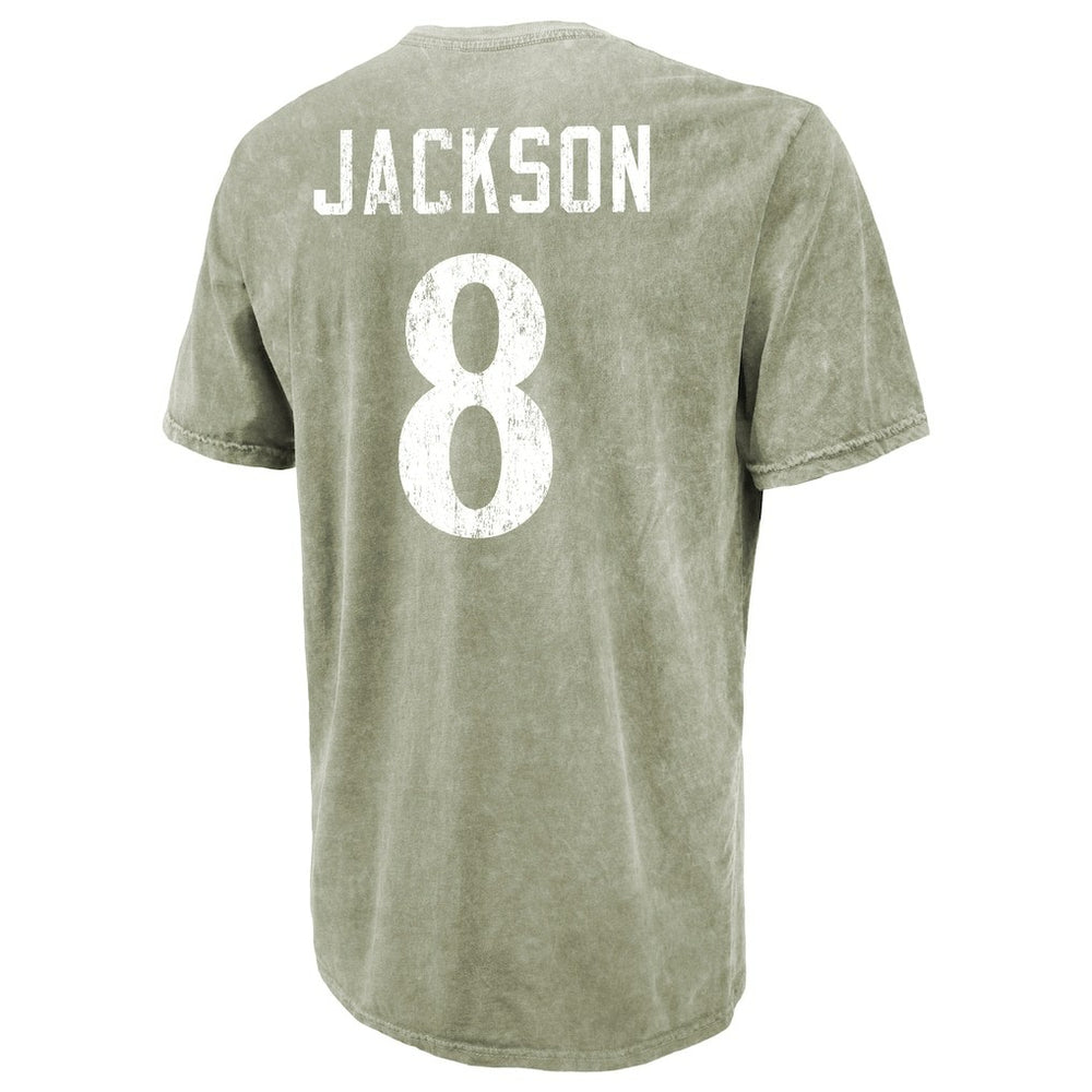 Lamar Jackson Baltimore Ravens Majestic Threads Mineral Wash Name & Number T-Shirt Moss Green