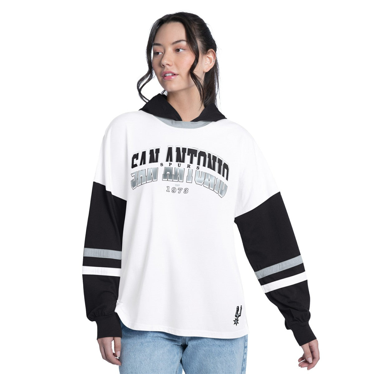 San Antonio Spurs G-III 4Her by Carl Banks Women's Key Player Oversized Hooded Long Sleeve T-Shirt White/Black