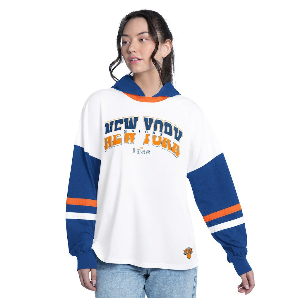 New York Knicks G-III 4Her by Carl Banks Women's Key Player Oversized Hooded Long Sleeve T-Shirt White/Royal