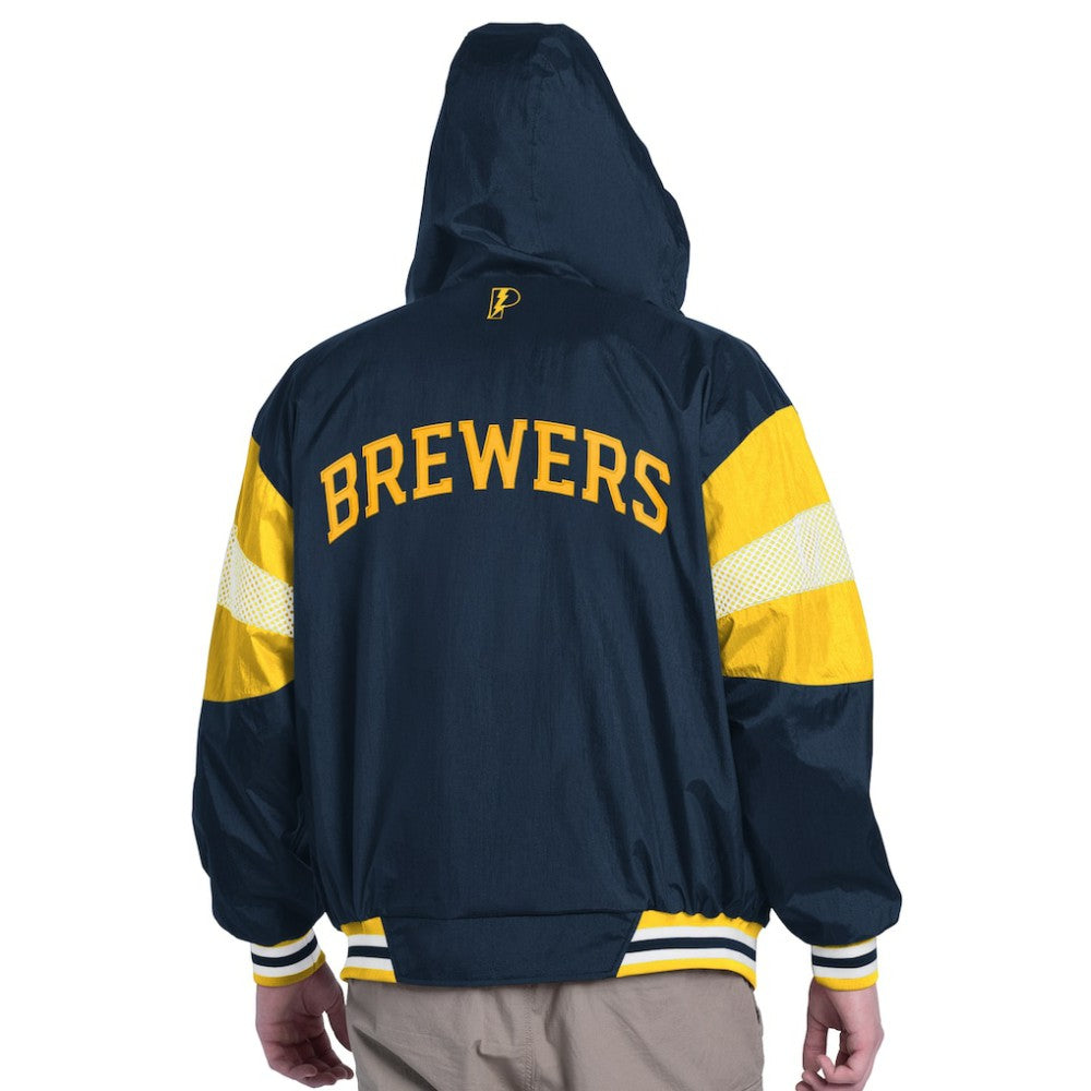 Milwaukee Brewers Pro Player Legacy Lightweight Full-Zip Hooded Jacket - Navy/Gold - MLB Sale