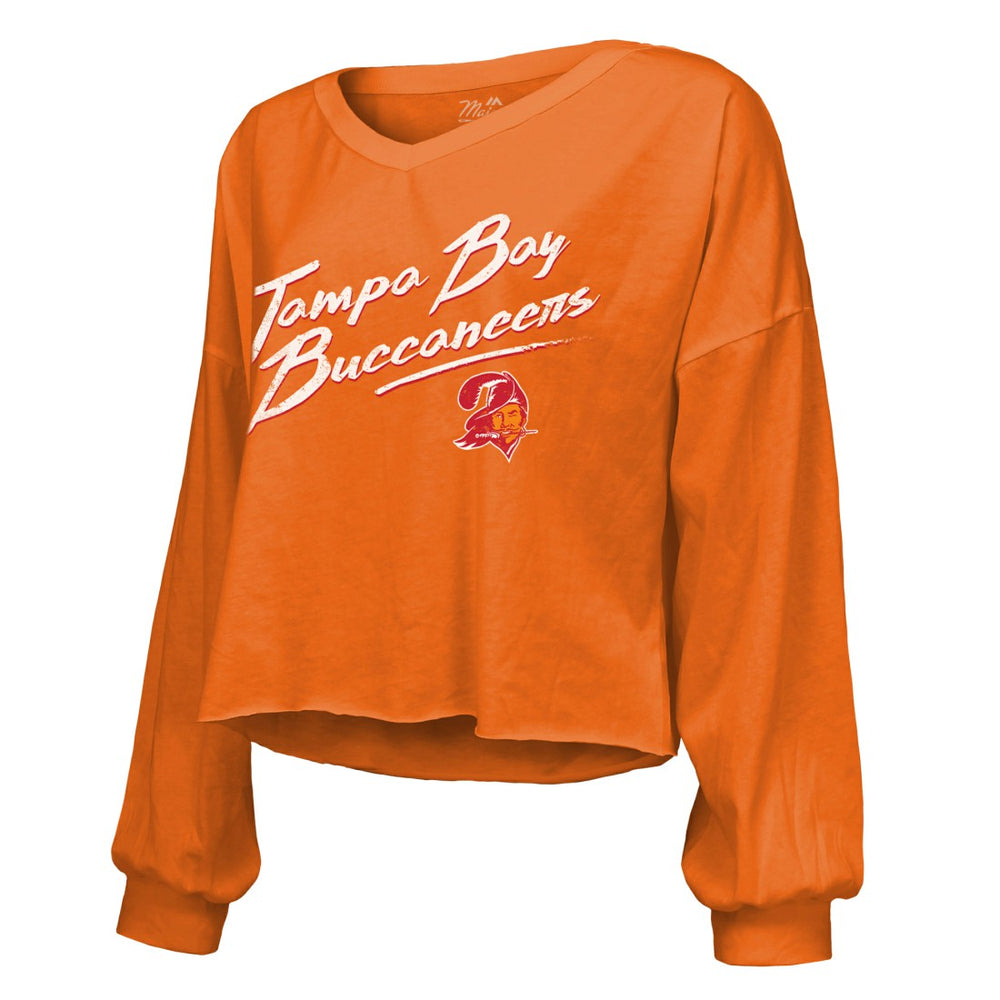 Baker Mayfield Tampa Bay Buccaneers Majestic Threads Women's Off-Shoulder Script Name & Number V-Neck T-Shirt Orange