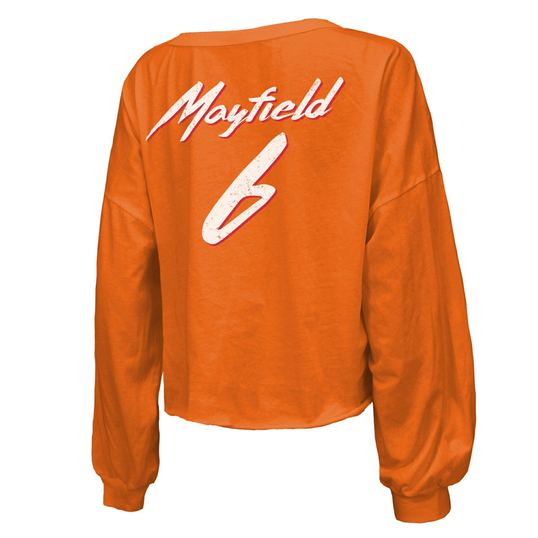 Baker Mayfield Tampa Bay Buccaneers Majestic Threads Women's Off-Shoulder Script Name & Number V-Neck T-Shirt Orange