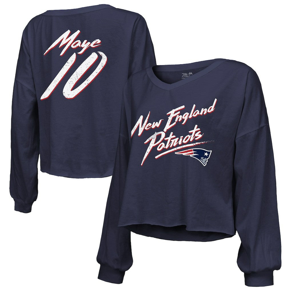 Drake Maye New England Patriots Majestic Threads Women's Off-Shoulder Script Name & Number V-Neck T-Shirt Navy