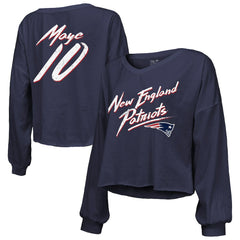 Drake Maye New England Patriots Majestic Threads Women's Off-Shoulder Script Name & Number V-Neck T-Shirt Navy
