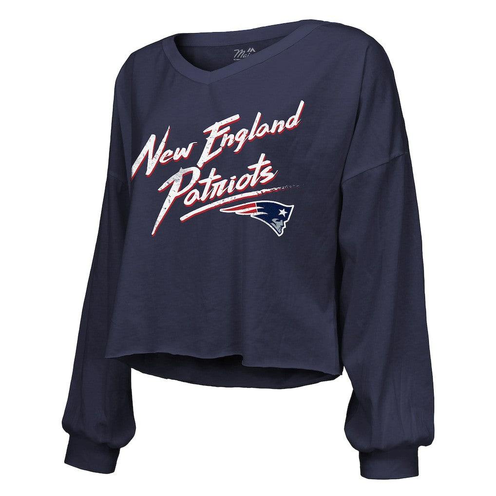 Drake Maye New England Patriots Majestic Threads Women's Off-Shoulder Script Name & Number V-Neck T-Shirt Navy